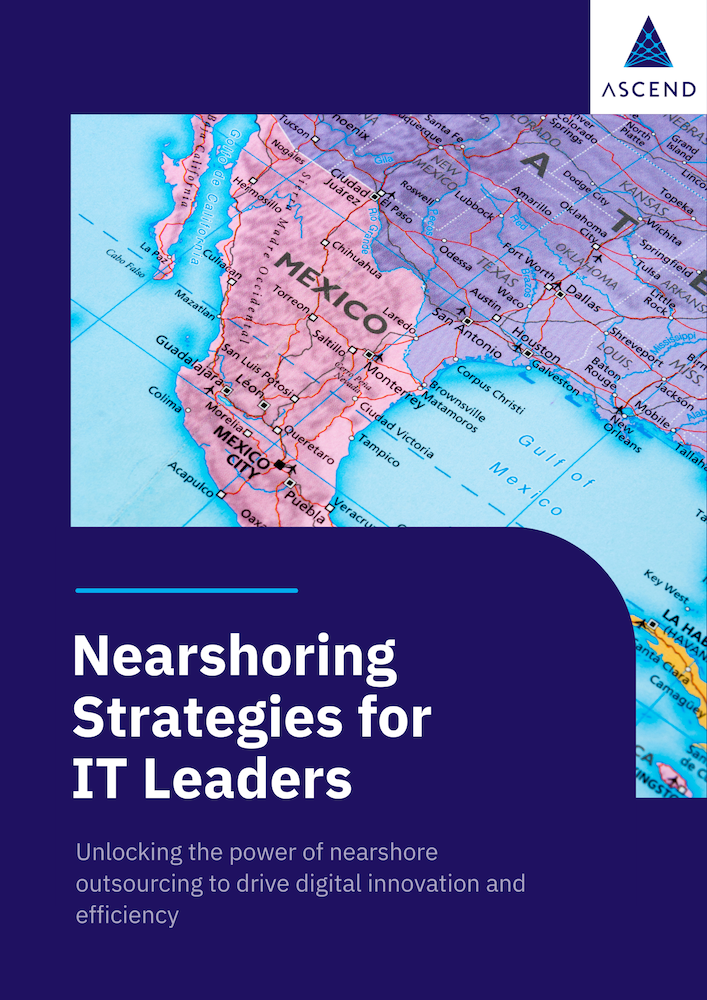 The cover of an eBook titled "Nearshoring Strategies for IT Leaders" features an illustration of a business professional climbing a staircase made of rising blocks, symbolizing progress and growth. The background shows a clear blue sky with clouds, suggesting an optimistic outlook. The text emphasizes the optimization of IT nearshoring through essential insights and best practices, aiming to enhance collaboration, streamline processes, and drive growth for technology leaders. The image also includes a call to action to download the resource for free.