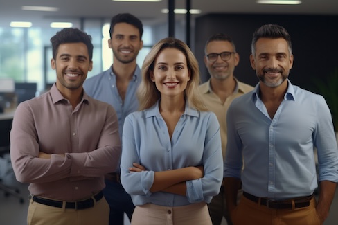 A group photo of the Ascend Management Consulting LLC team, featuring five professionals standing together in an office environment. They are smiling and appear confident, representing the company's commitment to excellence in providing nearshore IT services. The team's cohesion and expertise are pivotal to Ascend's success in delivering rapid, effective solutions.