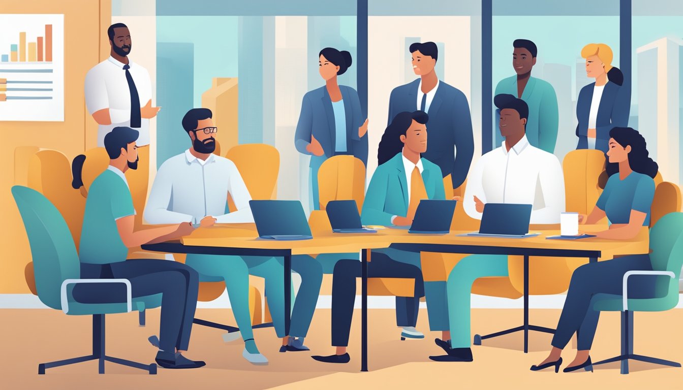 An illustration depicting a group of professionally dressed individuals of diverse backgrounds engaged in a meeting, representing the assessment of current workplace culture and practices to improve diversity and inclusion.