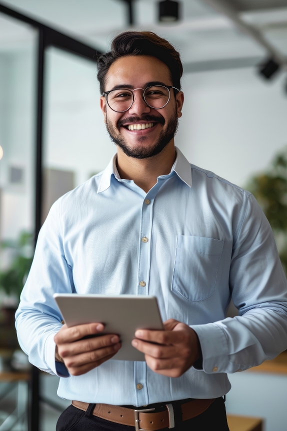 A smiling man in a professional setting, holding a tablet. He represents a confident and approachable member of Ascend's team, a company providing IT solutions for the insurance industry. The image conveys a welcoming and professional atmosphere, highlighting the company's dedication to leveraging technology for growth and innovation.